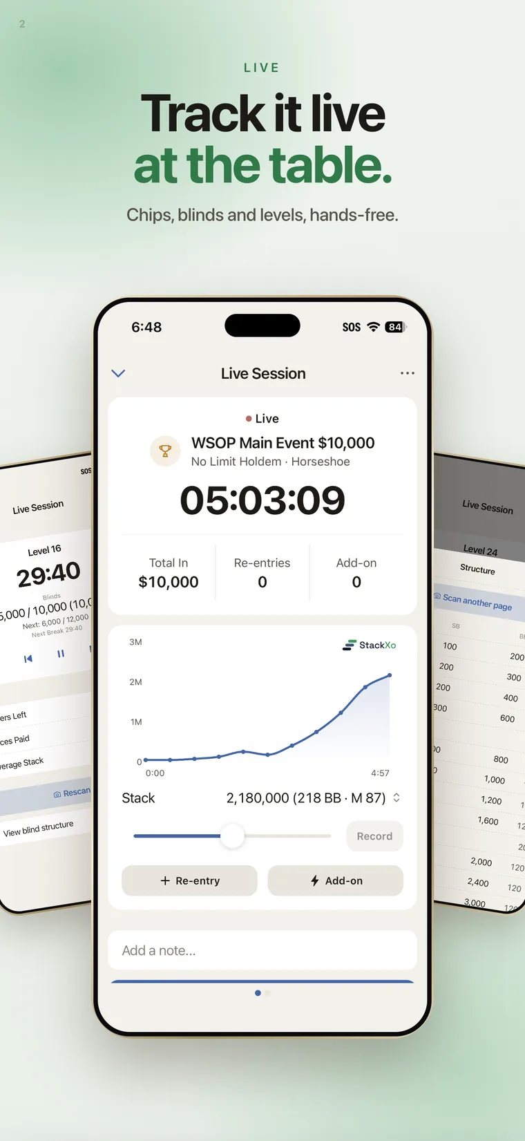 Live session screen with a running timer, total buy-in, and a chip flow chart of the stack over time.