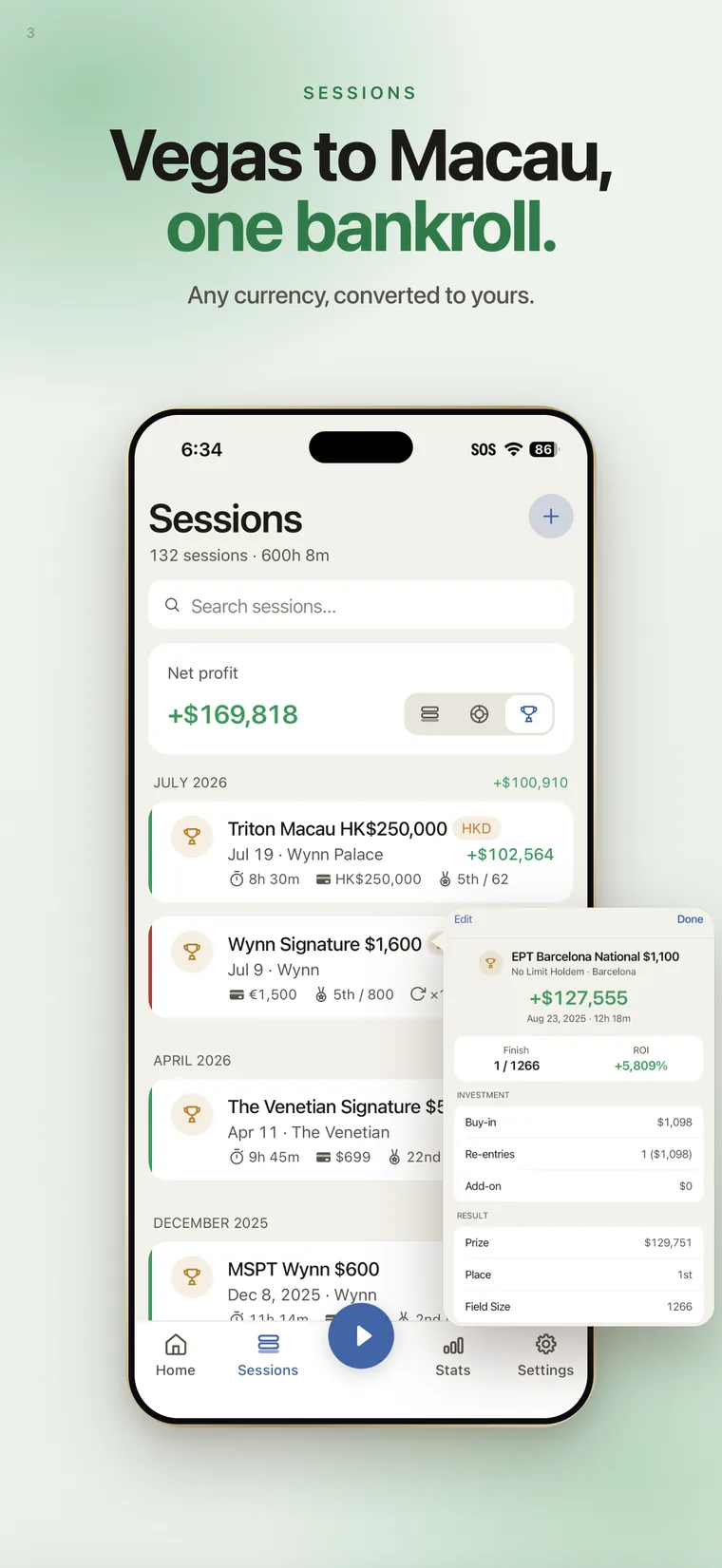Sessions list showing results in Hong Kong dollars and euros, all totalled into one home currency.