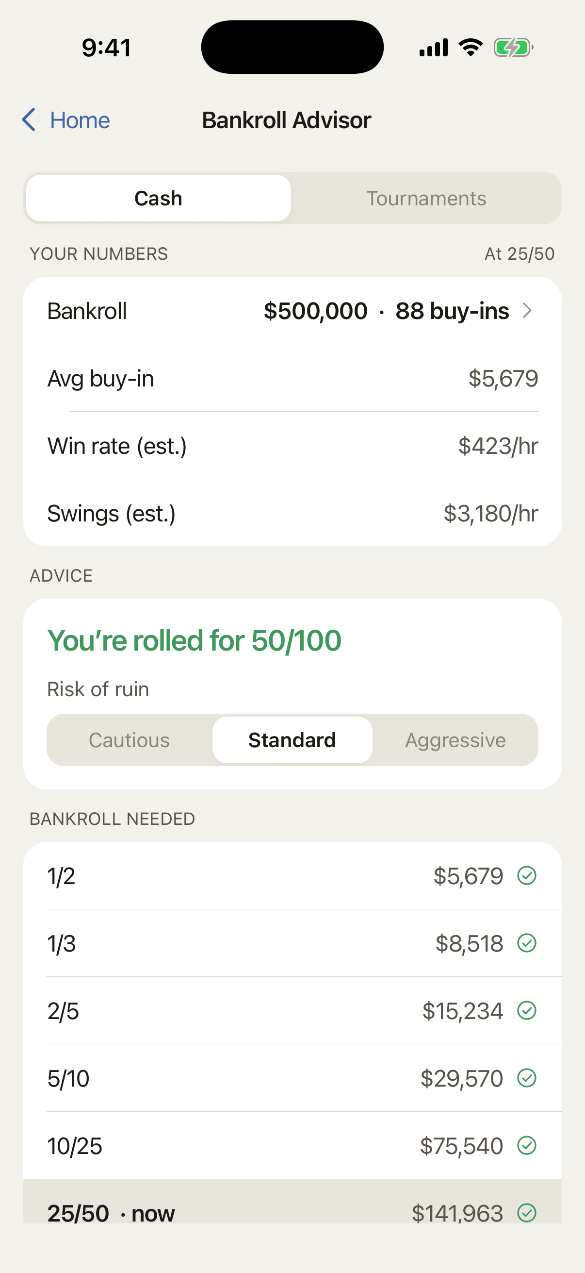 Bankroll Advisor screen showing the stakes your results and bankroll can support.