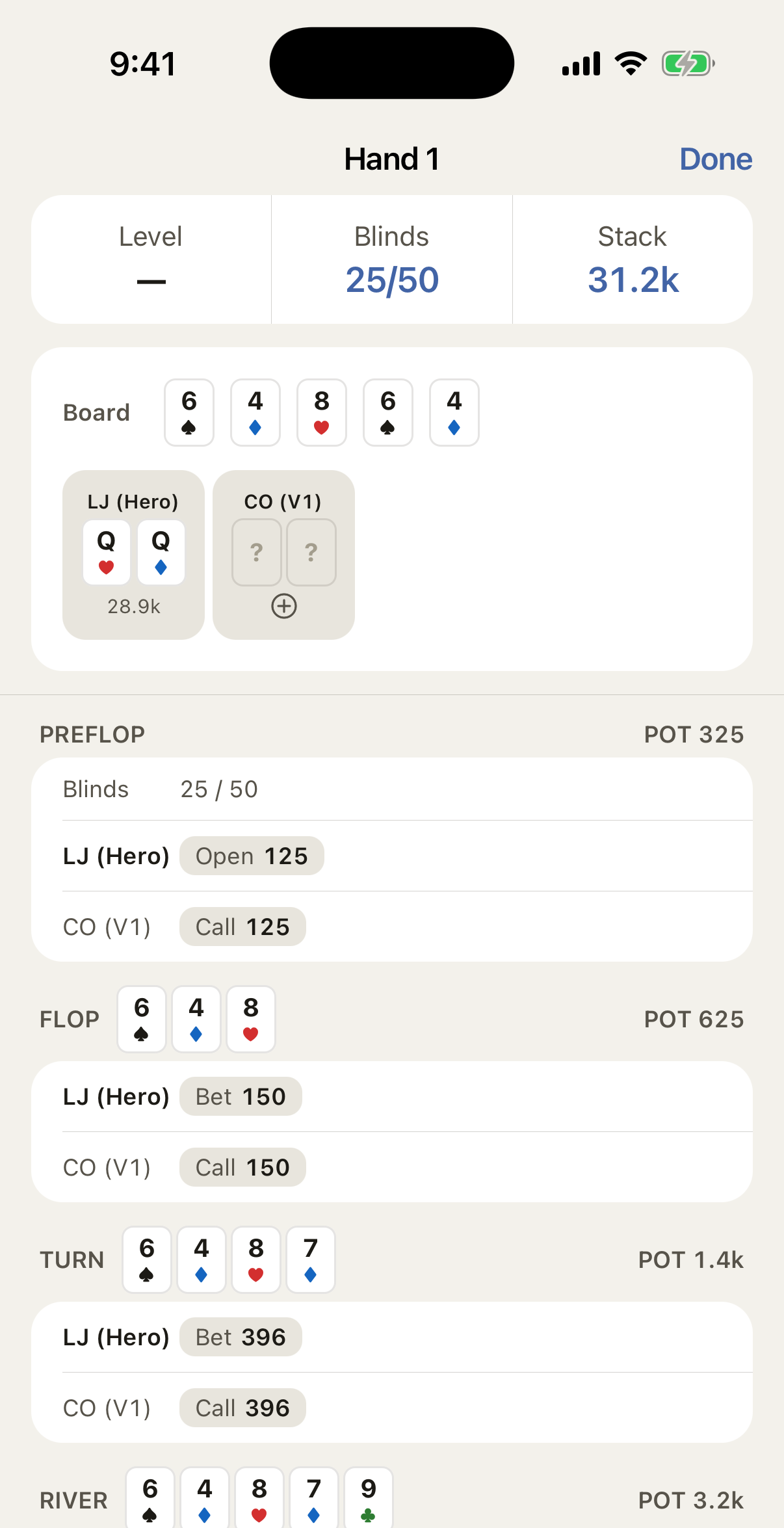 Hand 1 screen showing board cards, hole cards and each street of play.