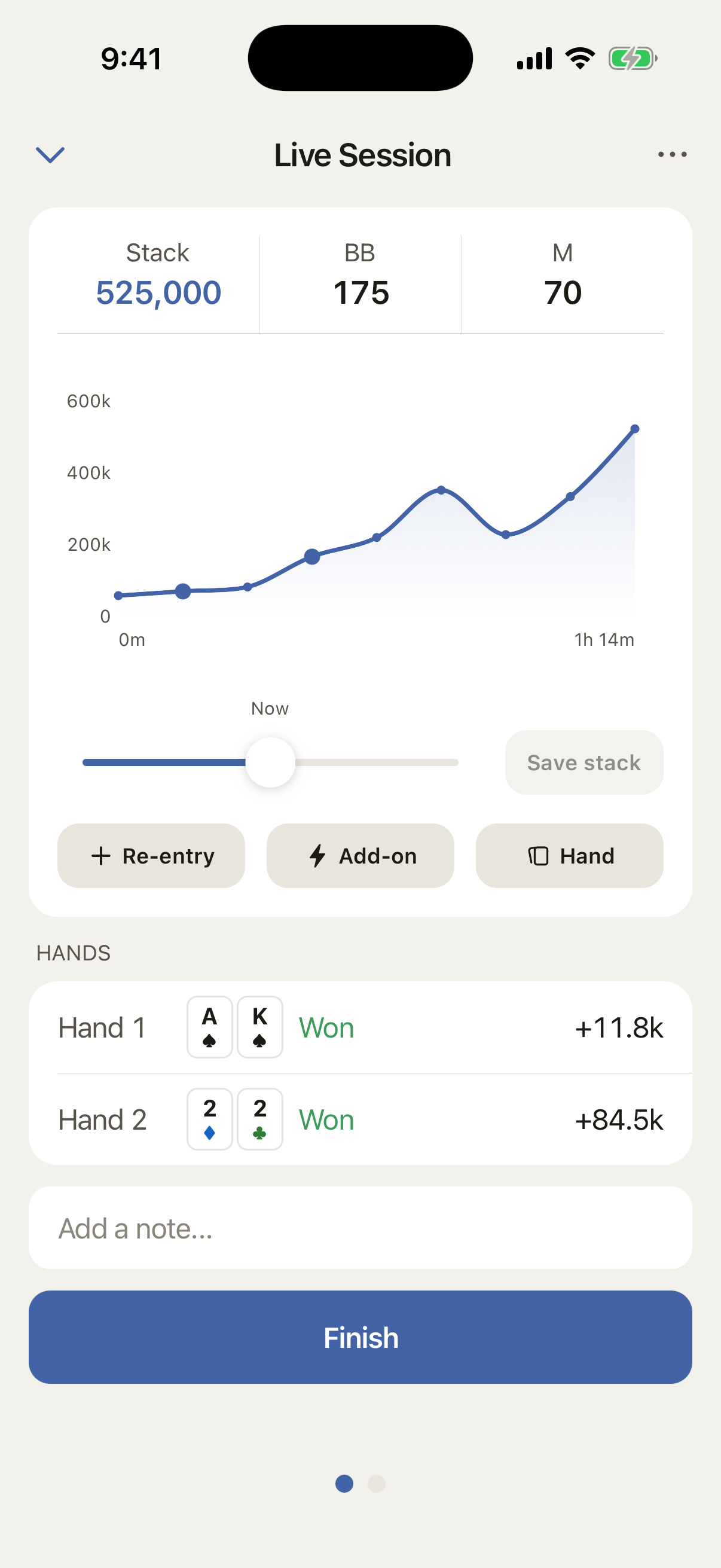 Live session screen with stack graph and hand controls while playing.