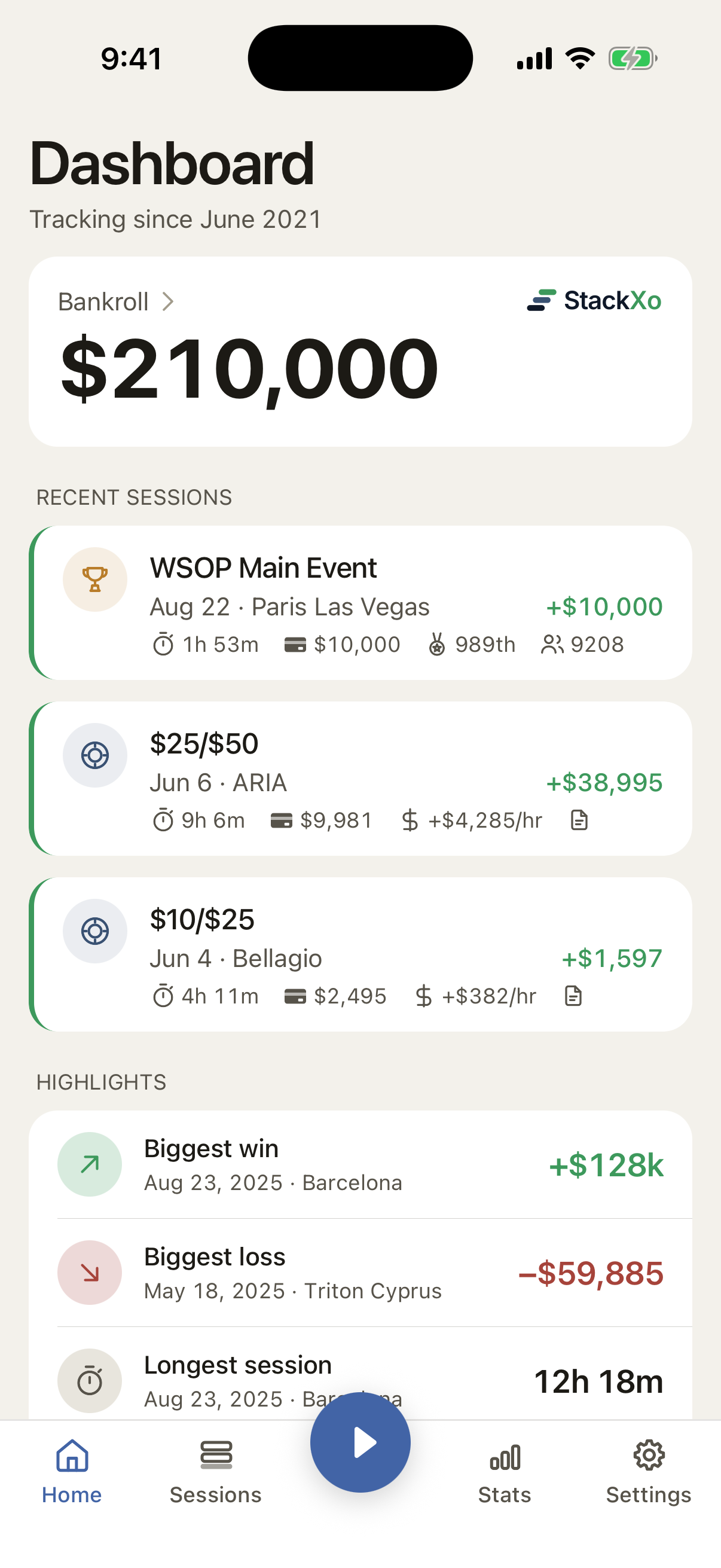 StackXo dashboard with bankroll, recent sessions and highlights.