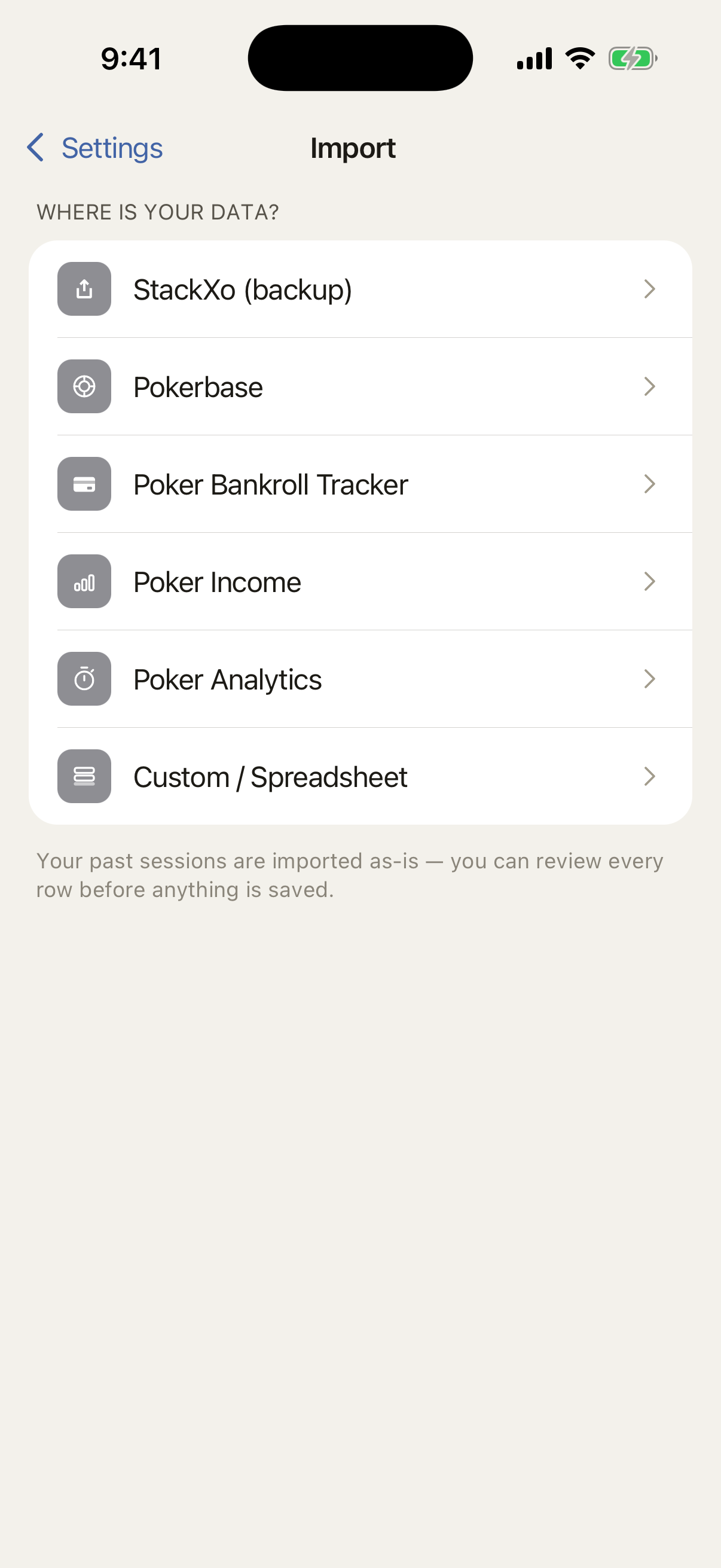 Import screen showing supported poker tracker sources and custom spreadsheet import.