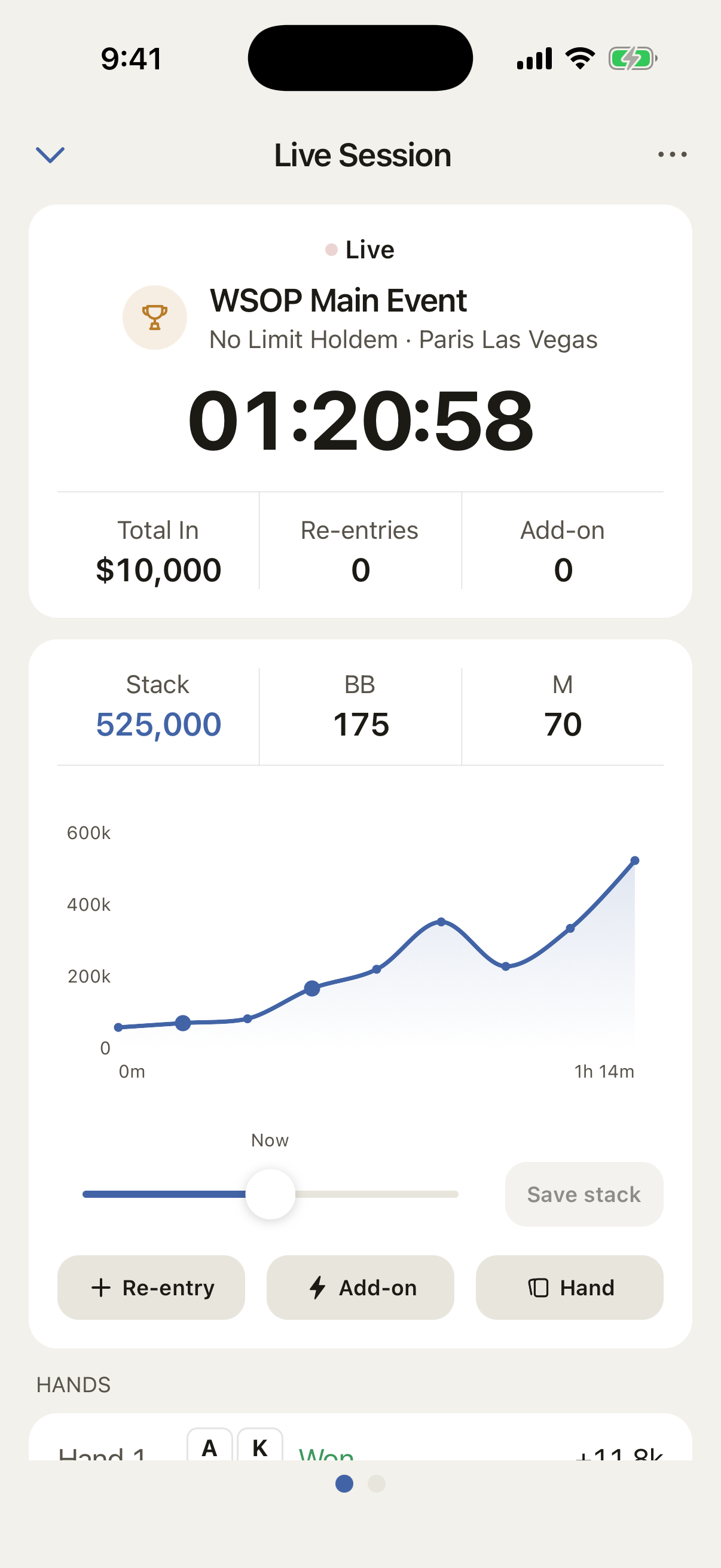 Live session screen with a running timer, stack graph, re-entry, add-on and hand controls.