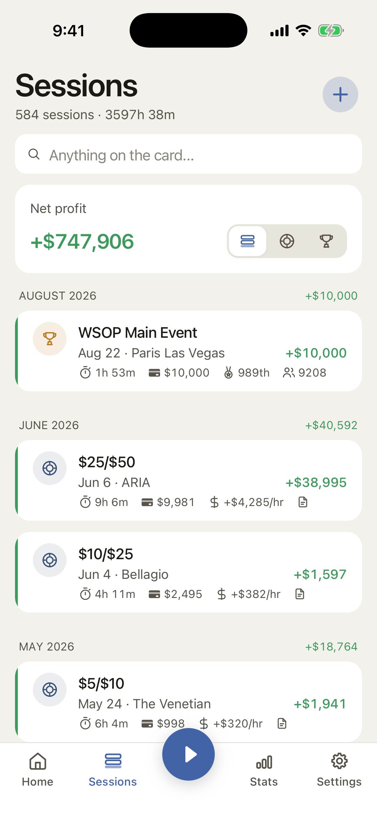Sessions screen showing every recorded poker session grouped by month.