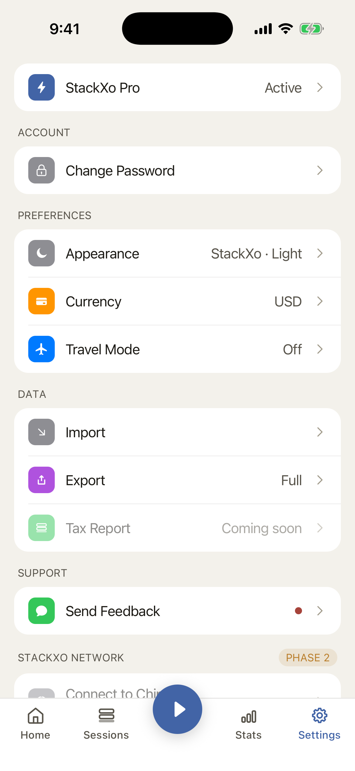StackXo Settings screen with the Import tool.